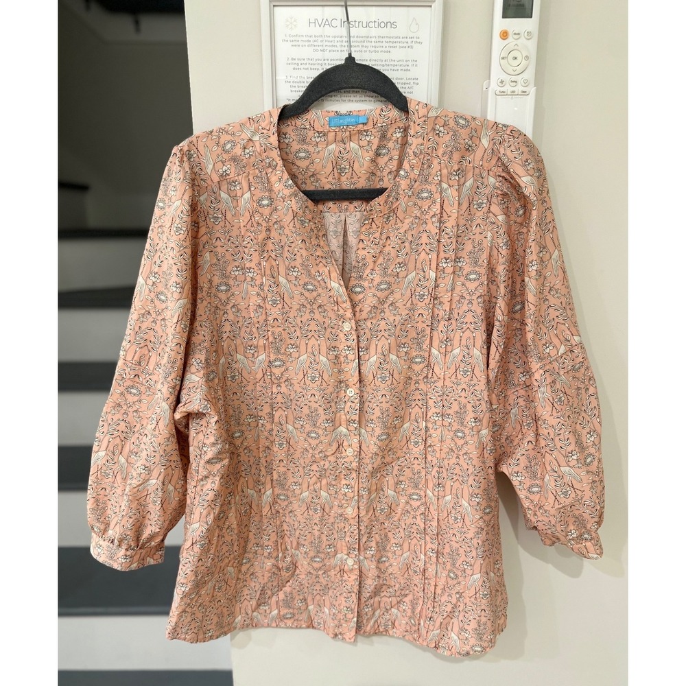 J.McLaughlin Laramie Blouse Pink Heron Bird Silk Cotton Blend Pintuck Top L
